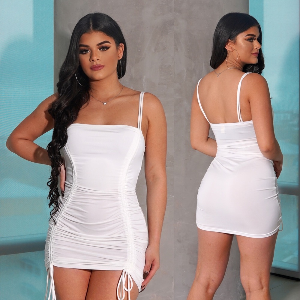 White Side Ruched Bodycon Mini Dress